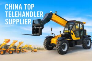 A promotional banner showcasing China’s top telehandler supplier with modern telehandlers displayed against an industrial background.