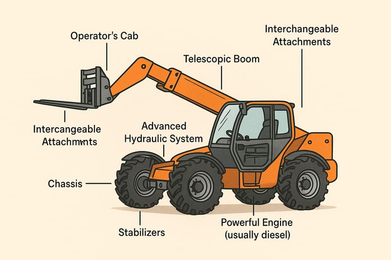 Telehandler illustration with labeled core components including boom, cab, chassis, engine, hydraulics, stabilizers, and attachments