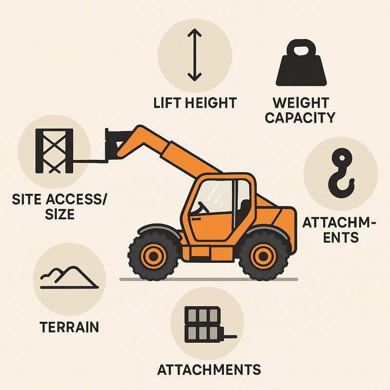 Telehandler selection factors illustration with lift height, weight capacity, site access, terrain, and attachments