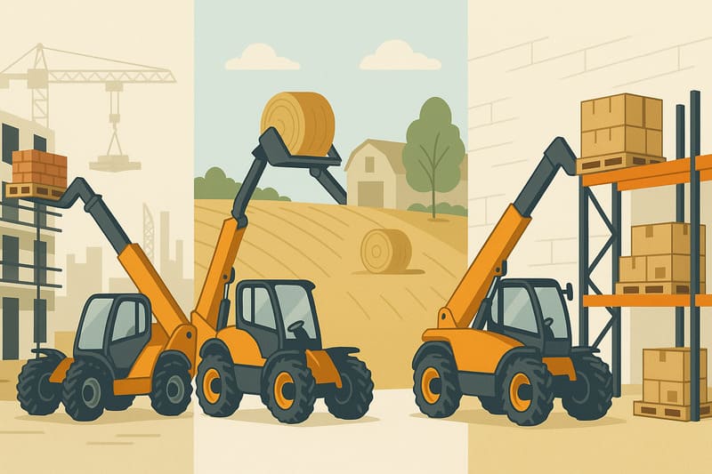 Telehandler applications illustration in construction, agriculture, and logistics