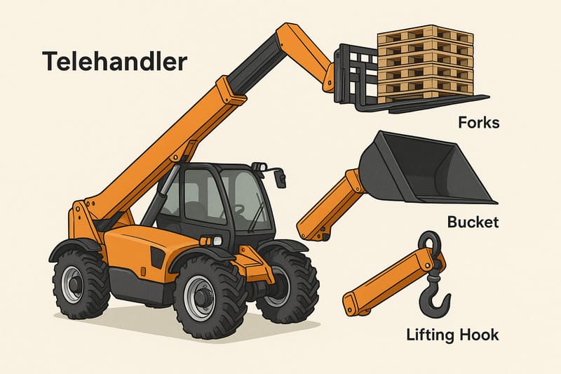Digital illustration of an orange telehandler with telescopic boom, showcasing forks lifting pallets, a bucket, and a lifting hook attachment.