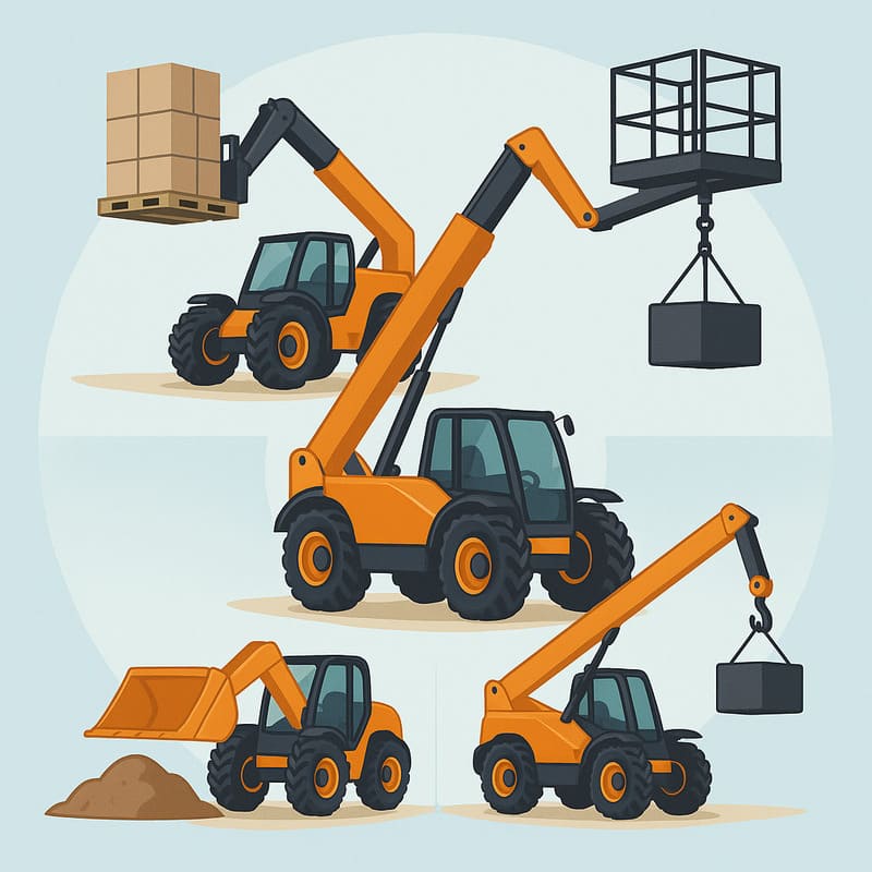 Telehandler versatility illustration with forks, bucket, hook, and work platform attachments