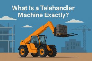 Wide banner illustration of an orange telehandler lifting a pallet of bricks on a construction site, with the title text "What Is a Telehandler Machine Exactly?" displayed against a blue sky.