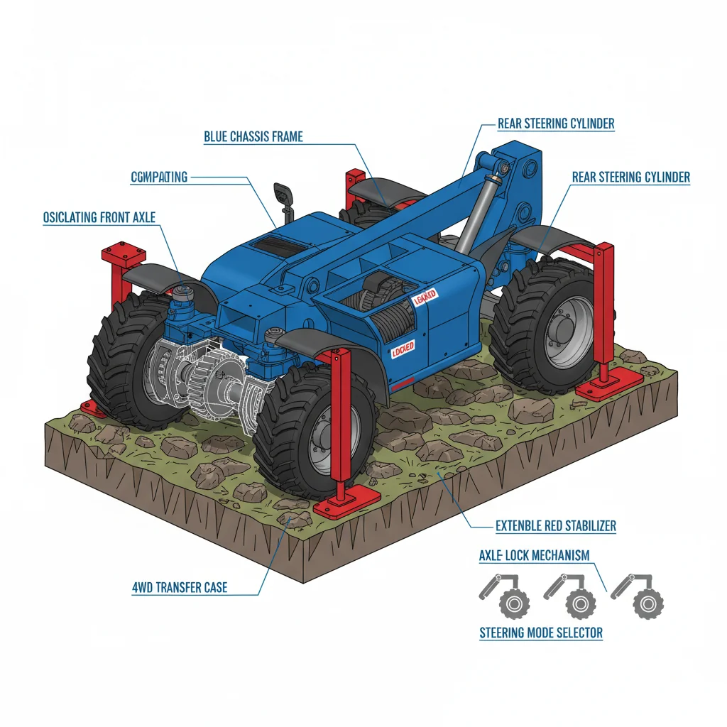 Come si stabilizzano il telaio e gli assali? – Schema idraulico del sollevatore telescopico Come si stabilizzano il telaio e gli assali?