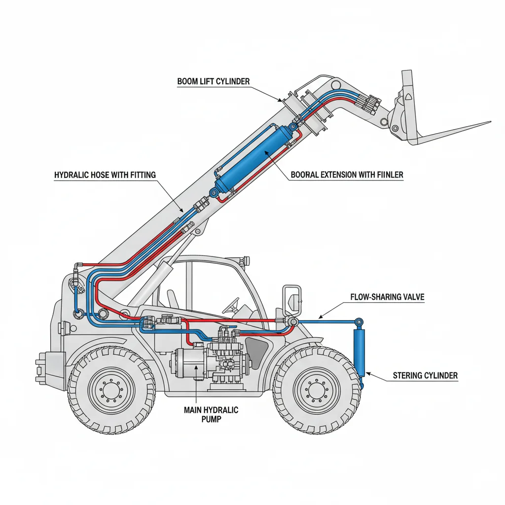Come funziona l'impianto idraulico dei sollevatori telescopici? – Schema dell'impianto idraulico dei sollevatori telescopici Come funziona l'impianto idraulico dei sollevatori telescopici?