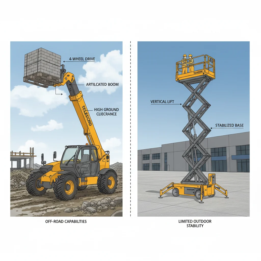 How Do Telehandlers Differ from Scissor Lifts Outdoors?