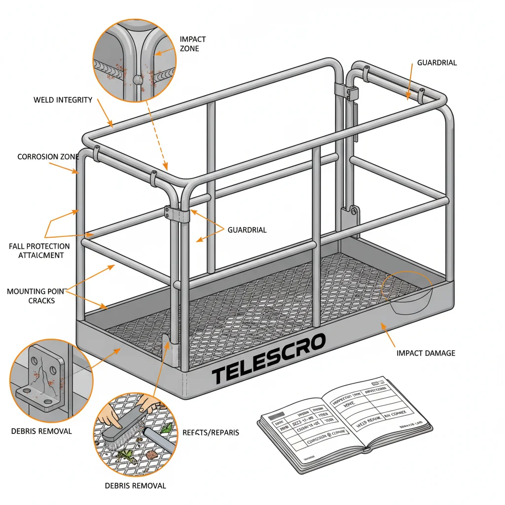 Como devem ser inspecionadas as cestas para operadores de empilhadeiras telescópicas?