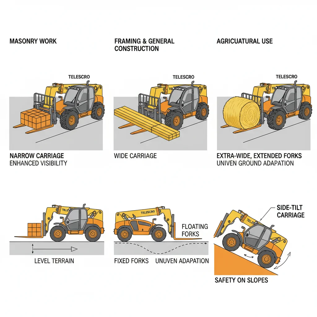 작업에 맞는 포크와 캐리지 선택 방법 – 텔레핸들러 유압 다이어그램 작업에 맞는 포크와 캐리지를 어떻게 매칭하나요?