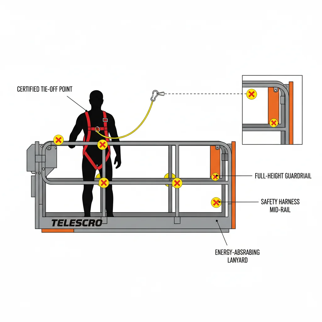 Quais recursos de proteção contra quedas os cestos de trabalho devem ter?