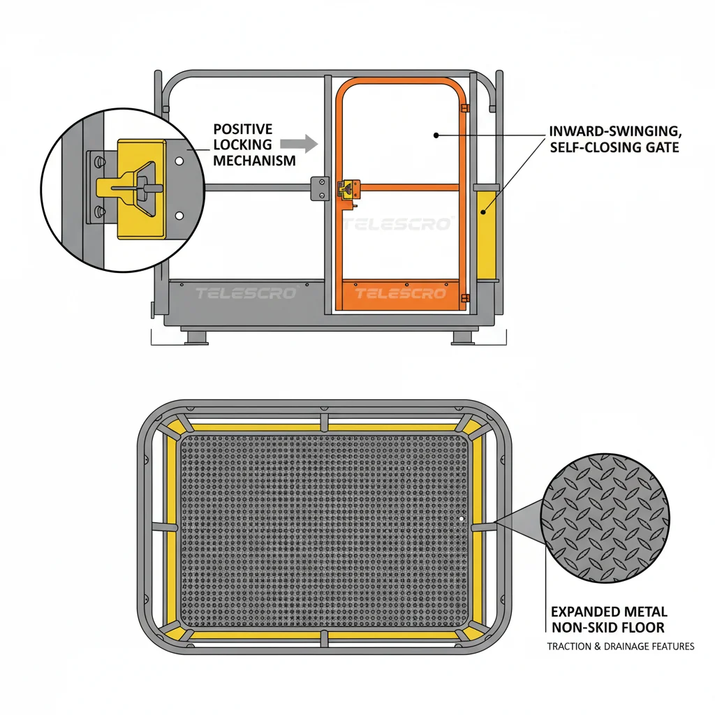 Qual é o portão e piso mais seguro para cestas de transporte de pessoas?