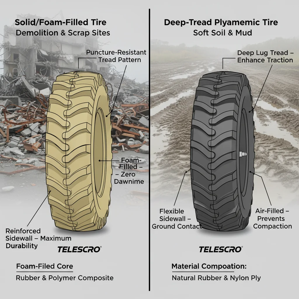 작업 현장 조건이 타이어 선택에 미치는 영향은 무엇인가? – 텔레핸들러 유압 시스템 도면 작업 현장 조건이 타이어 선택에 어떤 영향을 미치나요?