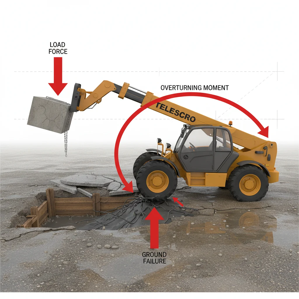 Comment de mauvaises conditions du sol peuvent-elles provoquer un renversement ? – Schéma hydraulique d'un chariot télescopique Comment les mauvaises conditions du sol peuvent-elles provoquer un renversement ?