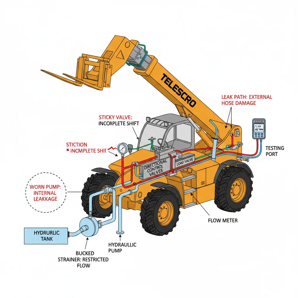 Comment diagnostiquer un débit hydraulique lent ? – Schéma hydraulique d'un télescopique Comment diagnostiquer un débit hydraulique lent ?