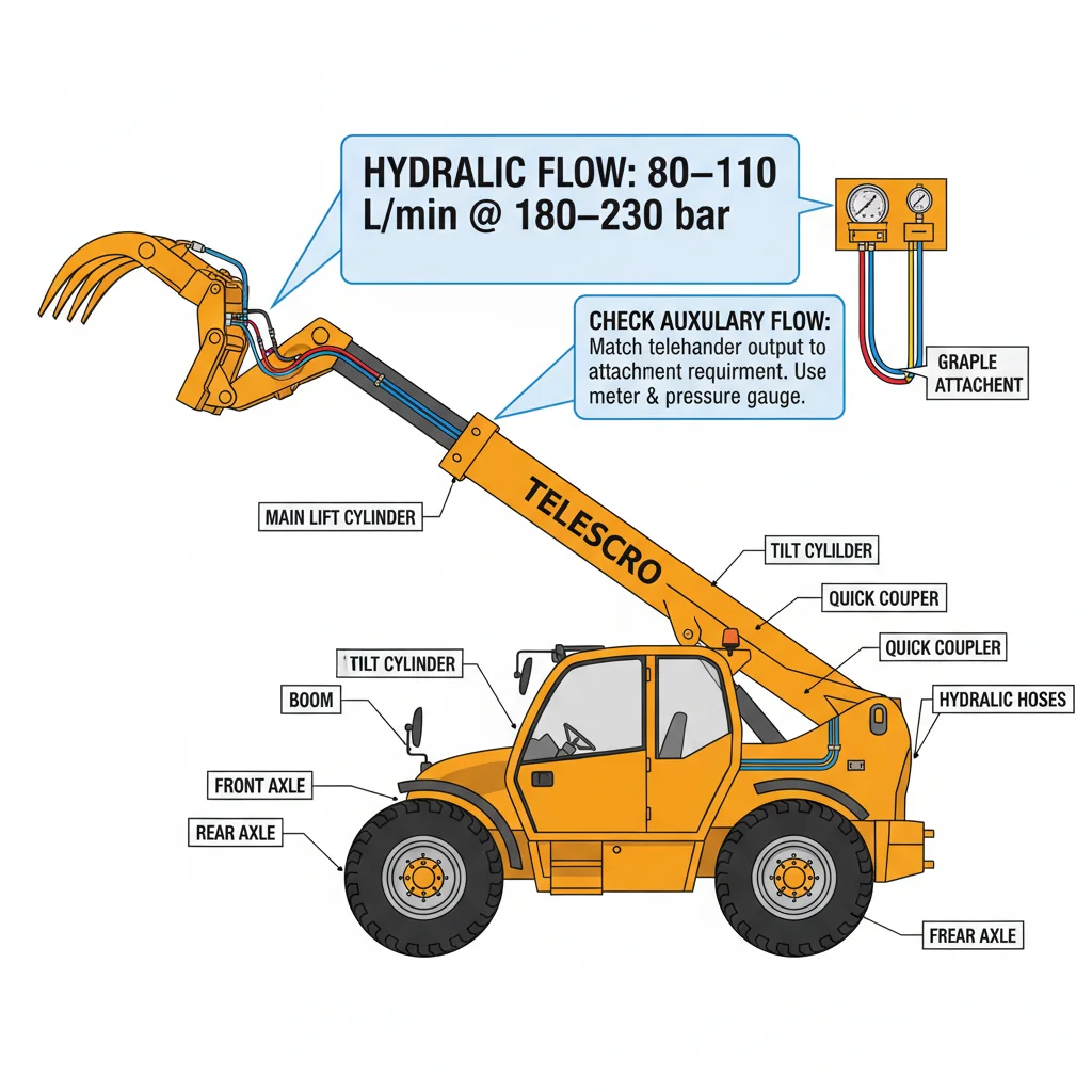 Comment adapter le débit hydraulique aux accessoires ? – Schéma hydraulique d'un télescopique Comment adapter le débit hydraulique aux accessoires ?