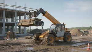 Schéma technique illustrant un chariot télescopique sur un sol boueux : conseils de sécurité testés sur le terrain et ce que les acheteurs négligent dans les systèmes hydrauliques des chariots télescopiques
