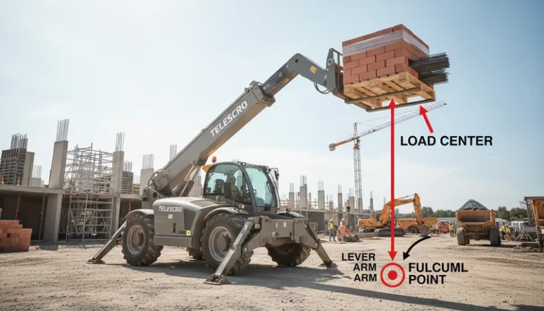 Schéma technique illustrant la signification du terme “ centre de charge ” dans le levage par chariot télescopique. Erreurs courantes négligées par les acheteurs dans les systèmes hydrauliques des chariots télescopiques.
