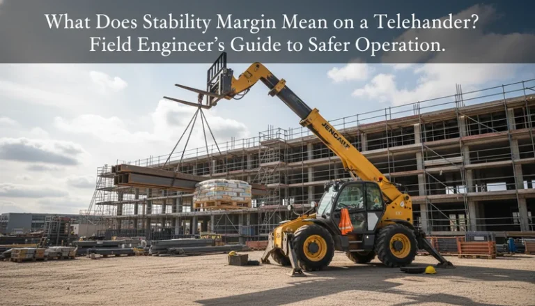 Schéma technique illustrant la signification de la marge de stabilité sur un chariot télescopique. Guide de l'ingénieur de terrain pour une utilisation plus sûre des systèmes hydrauliques des chariots télescopiques.