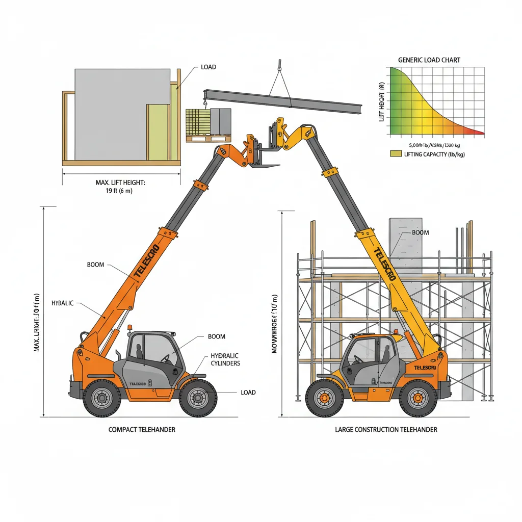 Quali sono l'altezza di sollevamento e lo sbraccio richiesti? – Schema idraulico del sollevatore telescopico Quali sono l'altezza di sollevamento e la portata richieste?