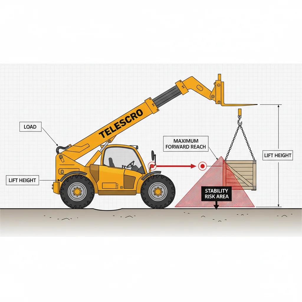 Perché l'estensione in avanti rappresenta un rischio per la stabilità? – Schema idraulico del sollevatore telescopico Perché protendersi in avanti rappresenta un rischio per la stabilità?