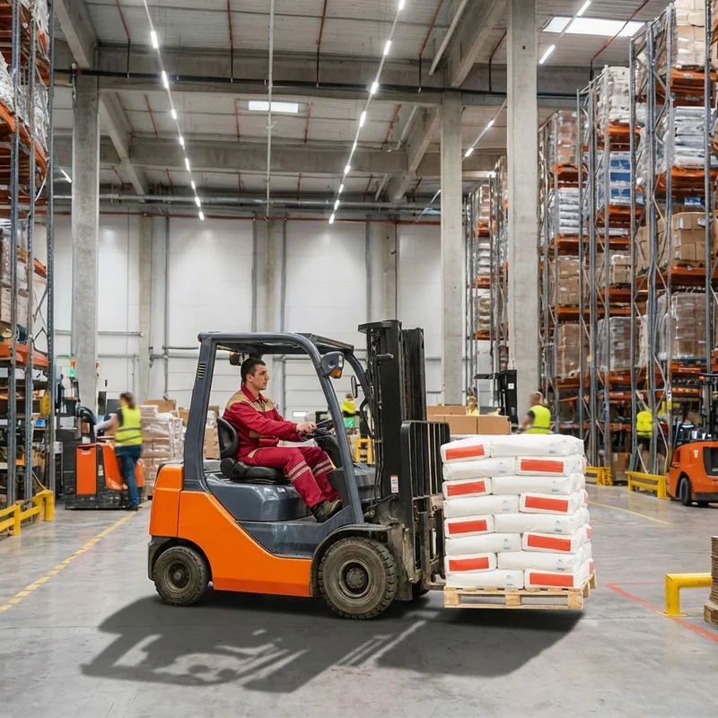 Forklift operating in indoor warehouse on flat floor