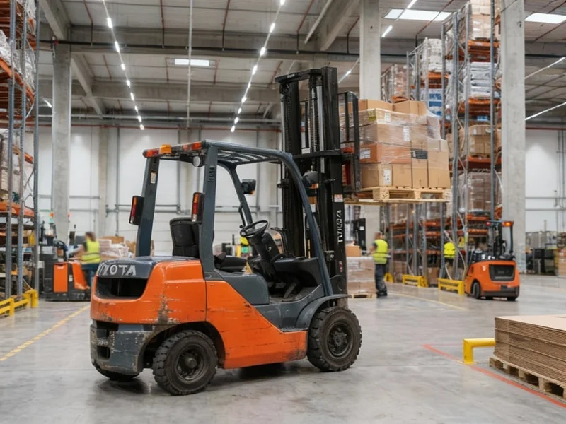 Forklift operating in warehouse environment on flat concrete floor