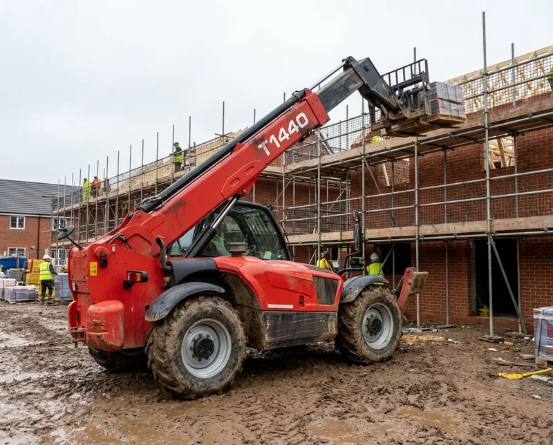 Telehandler lifting pallets on building construction site