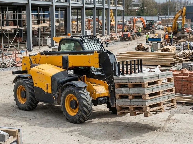 Telehandler operating in industrial material yard