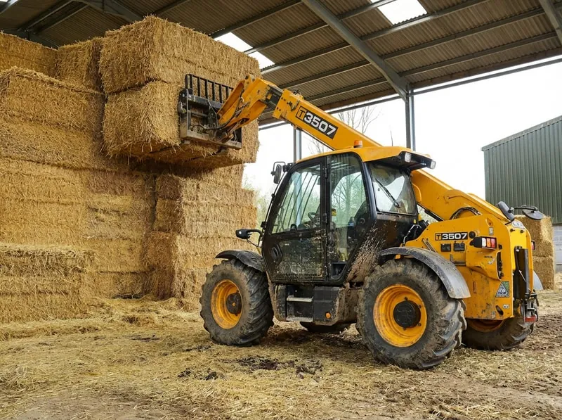 Telehandler handling hay bales in agricultural setting