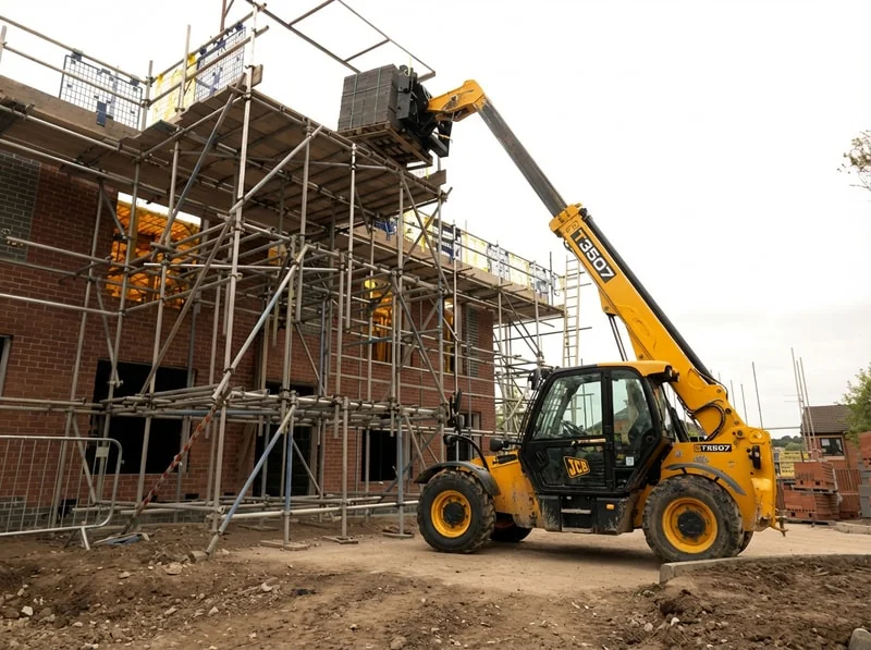 Télémanipulateur soulevant des palettes sur un chantier de construction