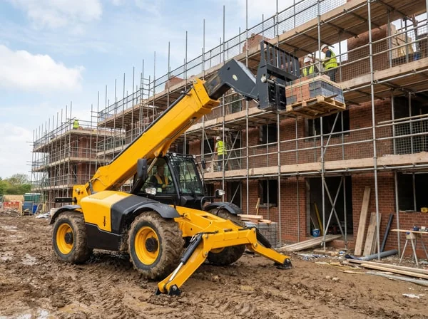 Telehandler handling pallets in industrial yard