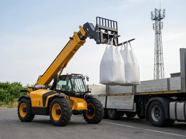 Telehandler grain and seed pallet handling in storage facility