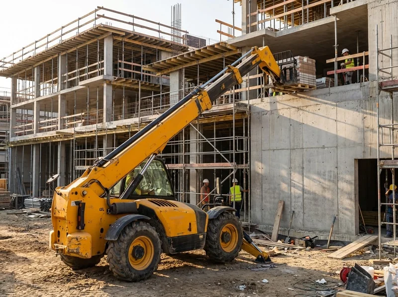 Telehandler reaching to upper floor on construction site