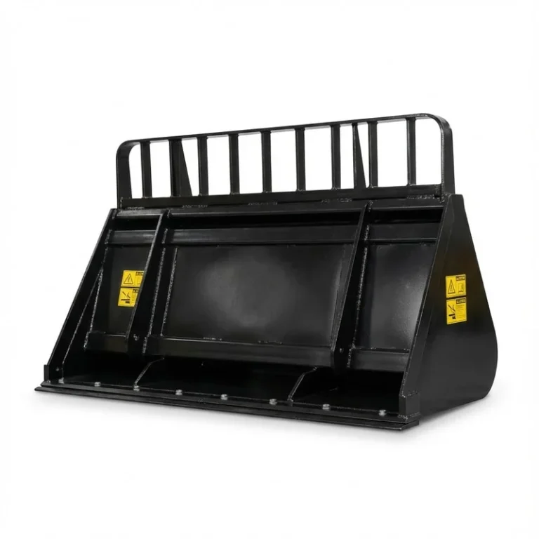 Black industrial agricultural bucket front view with warning labels on white background