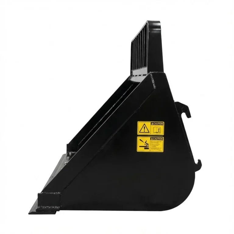 Professional product image showing the right side view of a black agricultural bucket with caution labels