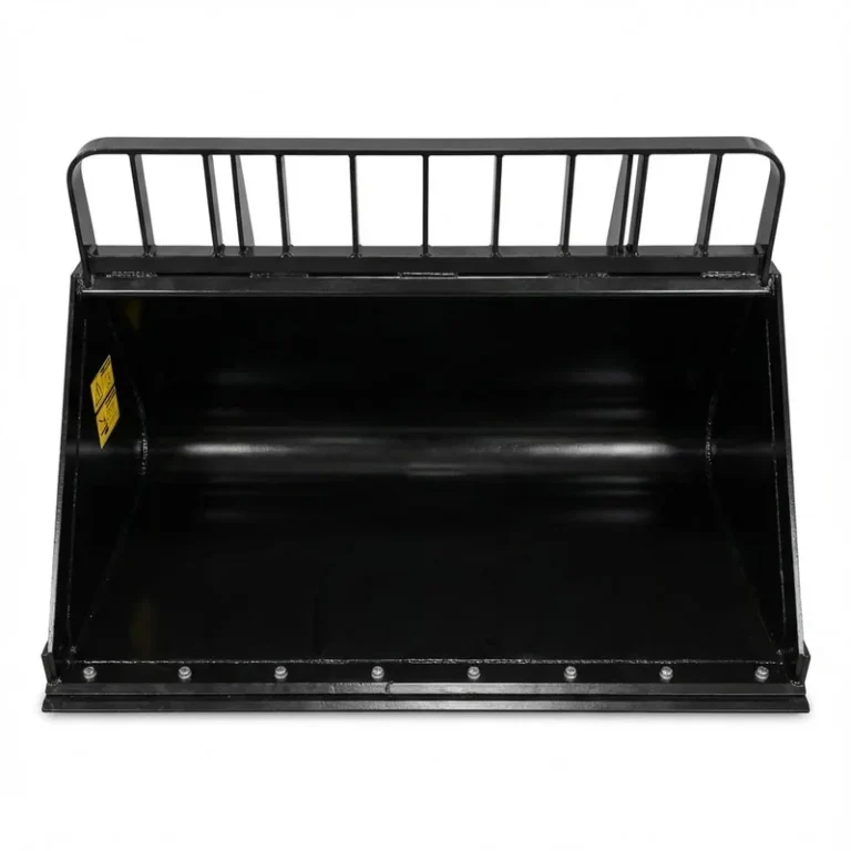 Professional shot of a black metal agricultural bucket attachment top down view on white background