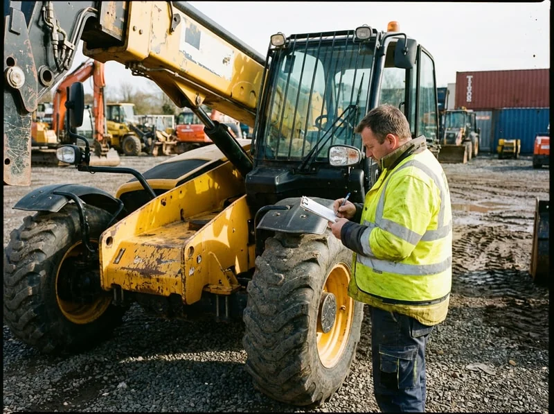 Fleet manager recording telehandler maintenance log on a clipboard during routine inspection