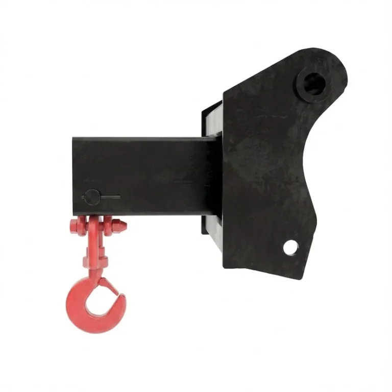 Engate de metal preto com gancho vermelho, vista do lado direito, isolado em um fundo branco