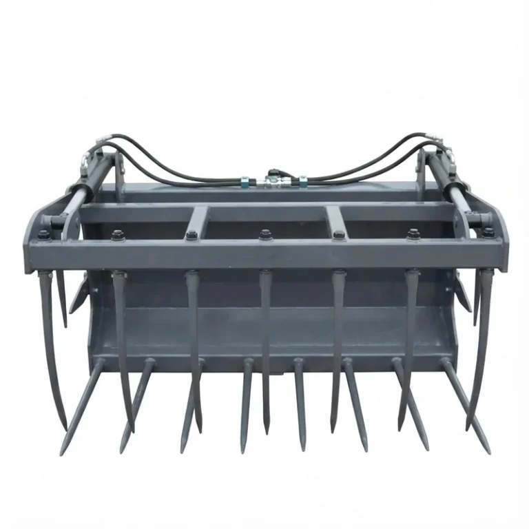 Manure fork front view showing metal grapple attachment and hydraulic hoses, isolated on white background