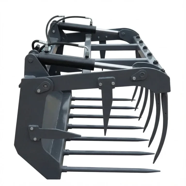 Gray manure fork with metal tines and hydraulic components, left side view, isolated on white background