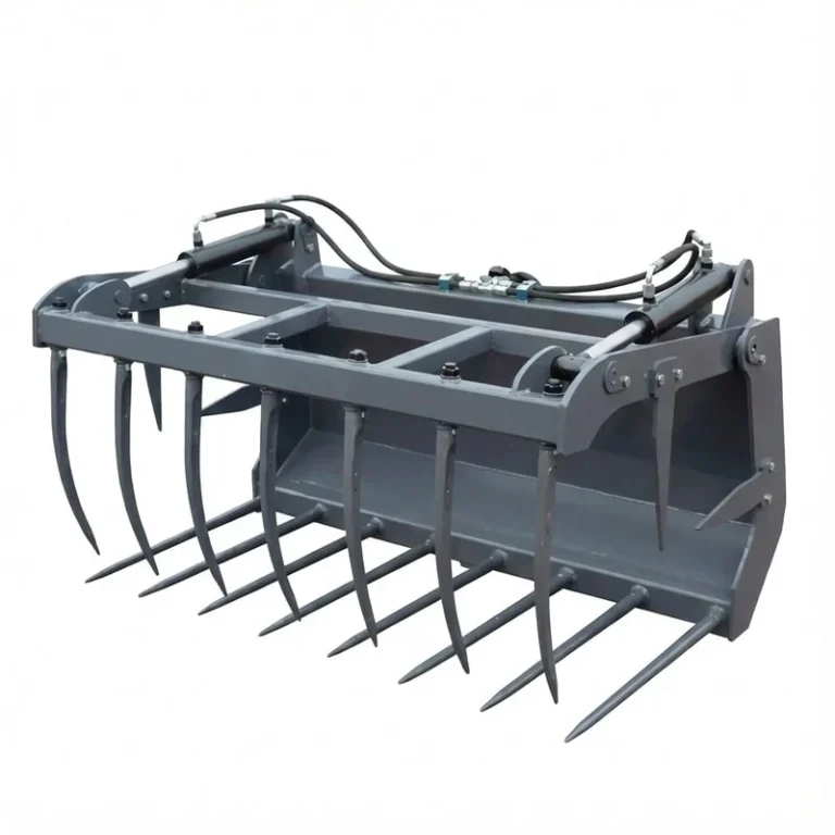 Professional shot of a metal manure fork grapple attachment with hydraulic components in top down isolated view