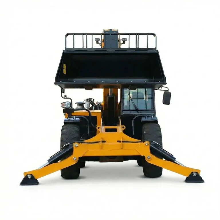 T1035 - Front view of a yellow T1035 Telehandler with agricultural bucket, isolated on white background