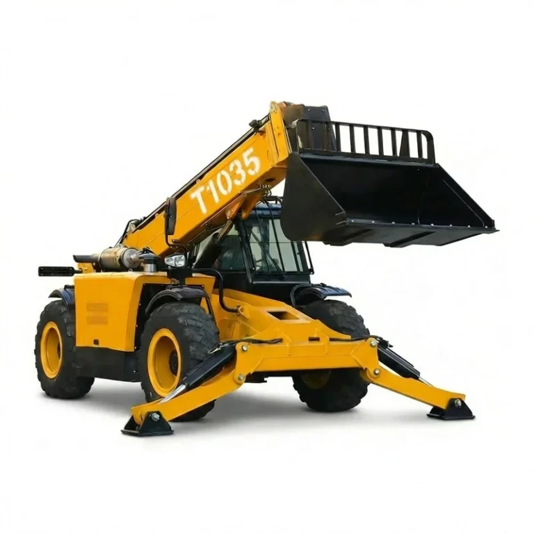 T1035 - T1035 Telehandler with extended arm and yellow agricultural bucket in isolated view