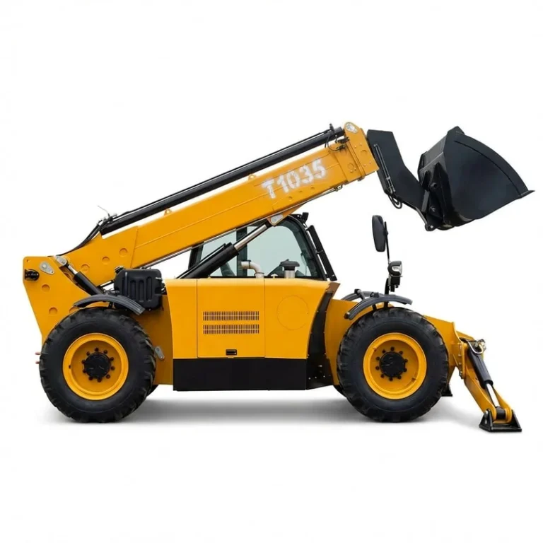 T1035 - T1035 Telehandler with extended boom and agricultural bucket, isolated on white background