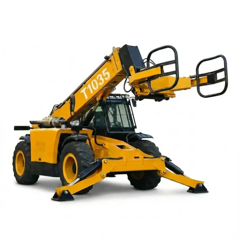 T1035 - Professional shot of a yellow T1035 telehandler with bale clamp and stabilizers extended on a white background