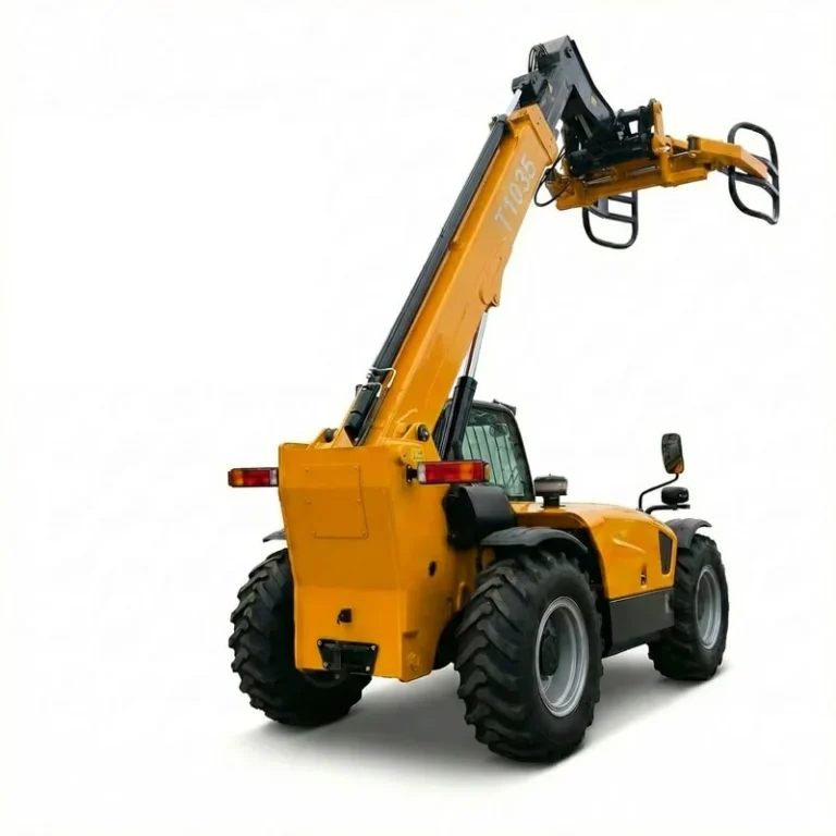 T1035 - Professional shot of yellow T1035 telehandler with extended boom and bale clamp, rear side view
