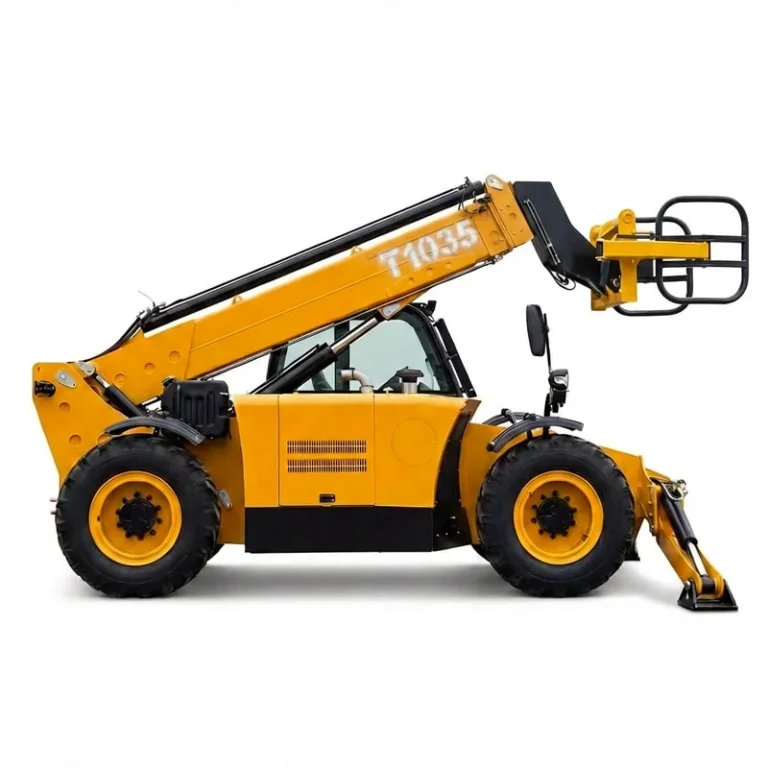 T1035 - T1035 telehandler in yellow with extended boom and bale clamp, right side isolated view