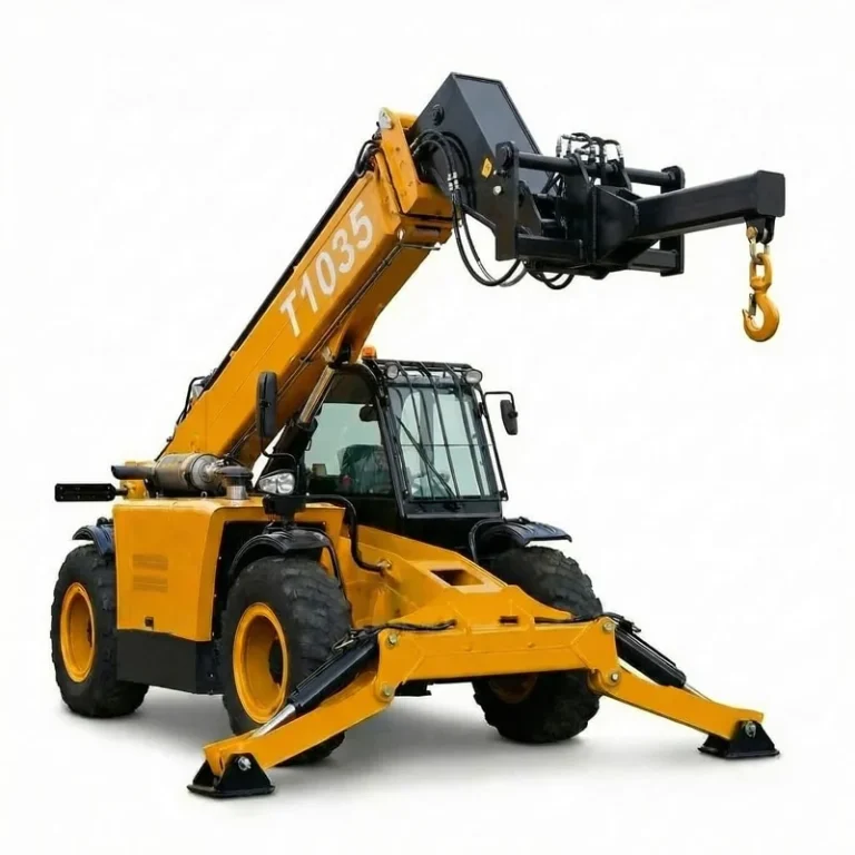 T1035 - Telehandler T1035 com lança estendida e gancho de lança, vista lateral esquerda, isolado em um fundo branco