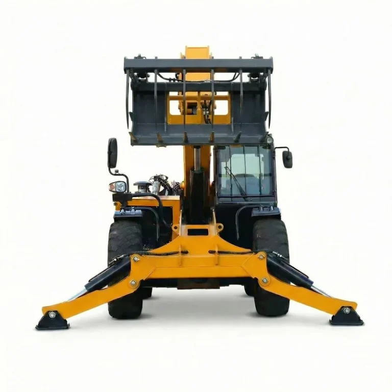 T1035 - Front view of T1035 Telehandler with manure fork, yellow construction loader, isolated on white background