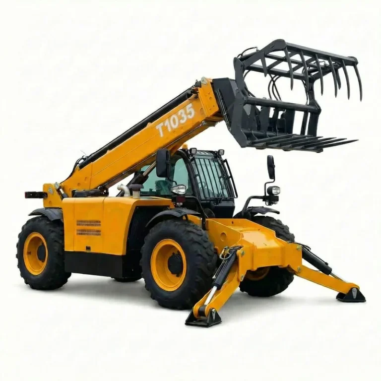 T1035 - Professional studio shot of yellow T1035 telehandler with extended boom and manure fork attachment, left side view