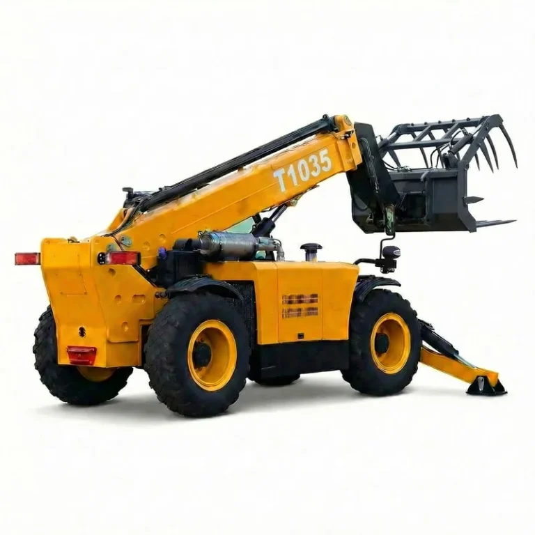 T1035 - Professional studio shot of a yellow T1035 telehandler with extended boom and manure fork attachment, rear side view